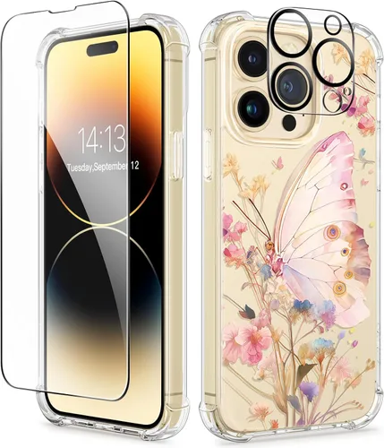 Miniatura 123 de GVIEWIN - Funda floral para iPhone 14 de 6.1 pulgadas, protector de pantalla + protector de lente de cámara, no se amarillenta, a prueba de golpes