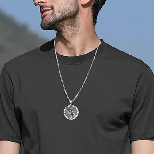 Miniatura 292 de Odinstone Collar de plata de ley 925 con medalla de San Miguel/San Cristóbal/San Benito/Crucifijo de Jesús/San Uriel/Arcángel Rafael para hombres