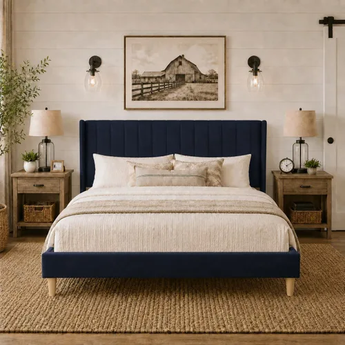 Miniatura 19 de Upholstered Bed Frame with Wingback Headboard and Wood Slats (Beige-Linen, Twin)