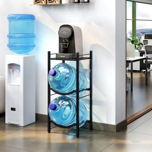 Miniatura 2 de TC-HOMENY Soporte para jarra de agua de 5 galones, estante de 3 niveles para dispensador, soporte organizador para hogar y oficina (negro)