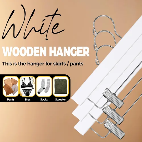 Miniatura 7 de Quality Hangers Perchas de madera para pantalones, paquete de 20 ganchos giratorios para ropa, falda de madera de loto, pantalones, pantalones Blanco