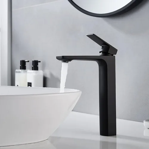 Miniatura 2 de VOTON - Grifo de lavabo negro para recipiente, monomando de una sola perforación, alto para baño, mezclador para lavabo de RV, de latón macizo, 1.2