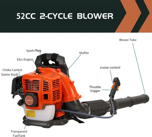 Miniatura 4 de Vermon Soplador de hojas de mochila, soplador de hojas a gas de 2 tiempos, 52 cc, 6800 RPM, potente soplador de césped para césped, jardín, cuidado