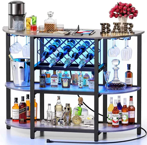 Miniatura 9 de Zarler Carrito de bar con toma de corriente fácil de montar, gabinete de bar LED para el hogar, para licor, 47.3 pulgadas de largo x 15.8 pulgadas