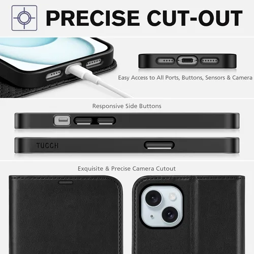 Miniatura 8 de TUCCH Funda tipo cartera para iPhone 15 Plus, [bloqueo RFID] 4 tarjeteros con función atril [funda interior de TPU a prueba de golpes] Funda Negro