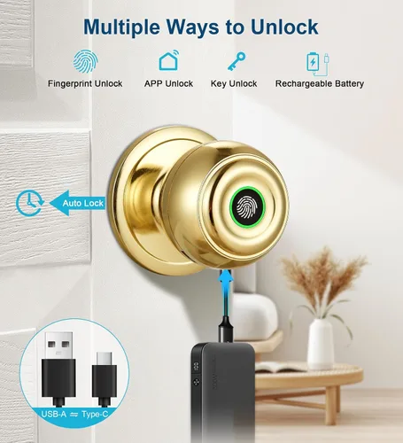 Miniatura 2 de Fingerprint Door Lock, Smart Fingerprint Door Knob with Lock, Biometric Door knob with App Control & Key, Keyless Entry Door Locks for Bedrooms