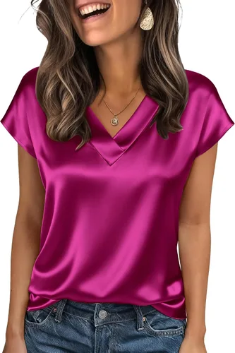 Miniatura 11 de Zeagoo - Camisetas de mujer de satén de seda, tops de manga corta con cuello en V, blusas para negocios y conjuntos casuales, talla S-2XL