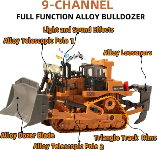 Miniatura 2 de Bulldozer RC de 9 canales con luces y sonido, niveladora de control remoto de construcción, vehículos pesados, juguetes topadores para adultos