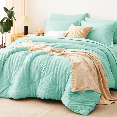 Miniatura 13 de CozyLux Juego de ropa de cama con edredón tamaño King Beige Seersucker de 7 piezas, juego de cama en una bolsa, con edredón, sábanas, fundas