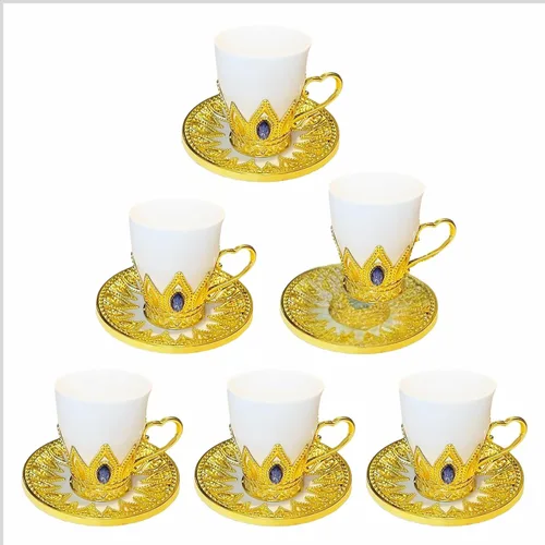 Chandler Juego de tazas de café de porcelana blanca con acento acrílico dorado y gema azul, 6 tazas y 6 platillos, caja de regalo incluida (redonda)