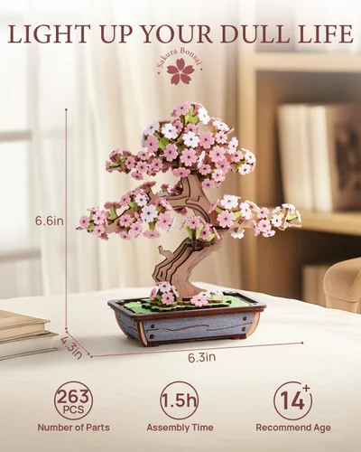 Miniatura 3 de Rolife Rompecabezas de Madera 3D de Flores para Adultos, Plantas de Árbol Bonsái Sakura DIY para Decoración de Mesa del Hogar, Manualidades