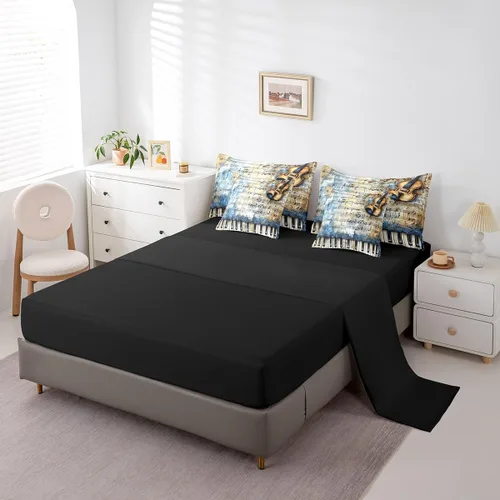 Miniatura 4 de Erosebridal Juego de edredón de 7 piezas con diseño de piano, cama Queen en una bolsa, juego de ropa de cama retro con notación musical de guitarra