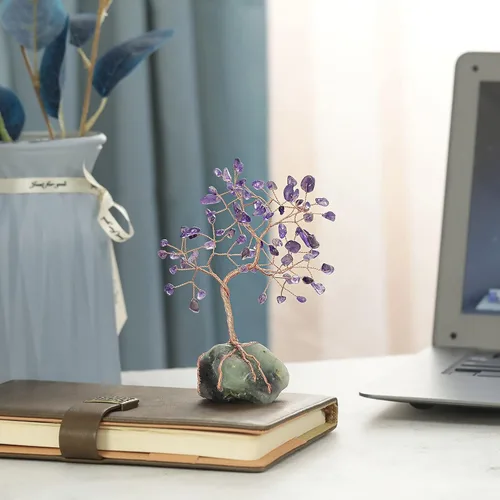 Miniatura 5 de mookaitedecor Árbol de cristal de amatista natural con cristales crudos con base de fluorita, árbol de dinero, figura de Feng Shui, adorno