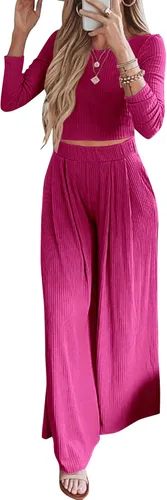 BTFBM Conjunto de dos piezas para mujer, de manga larga, ajustado, de punto acanalado, holgado, pantalón de pierna ancha, ropa casual