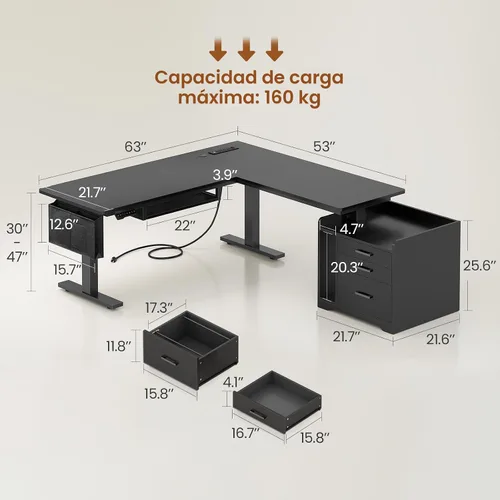Miniatura 2 de SEDETA Escritorio eléctrico de pie en forma de L con archivador, 63 x 53 pulgadas, escritorio de computadora de oficina en casa ajustable con Negro