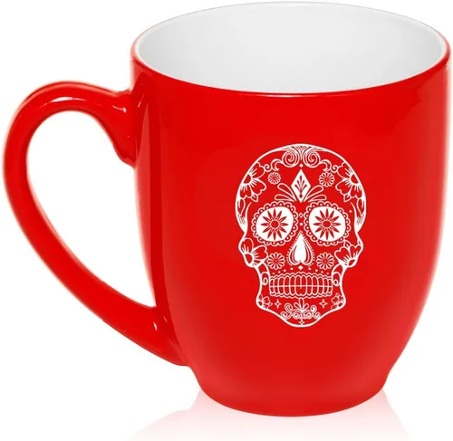 Miniatura 3 de Taza grande de 16 oz Bistro Taza de cerámica para café, té, taza de vidrio, calavera de caramelo de azúcar (rosa intenso)