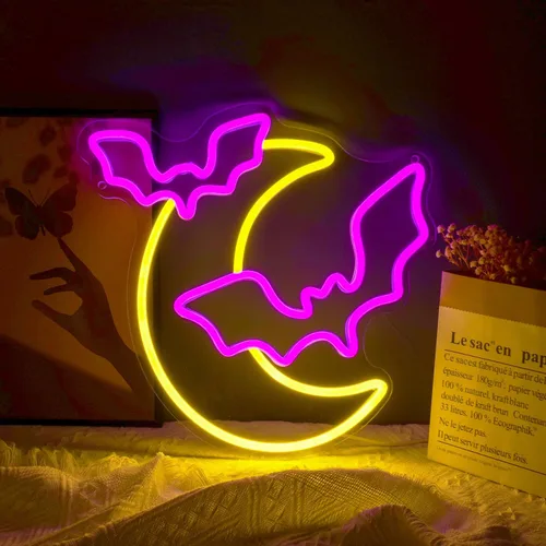 Decoración de Halloween, letreros de neón, luz LED de luna y murciélago, luz de neón para fiesta de Halloween, lámpara de neón gótica alimentada por