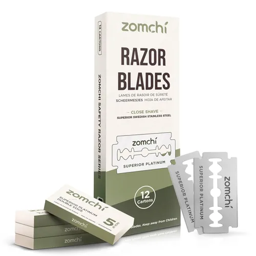 Zomchi Cuchillas de afeitar de doble filo, 60 cuchillas de afeitar de seguridad para afeitar, cuchillas de afeitar de acero inoxidable platino para