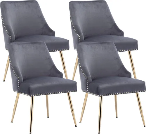 Miniatura 19 de KCC Juego de 2 sillas de comedor de terciopelo con forma de cabeza de clavo con patas doradas para cocina, sala de estar (gris)