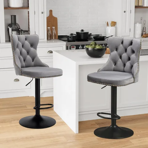 Miniatura 18 de Aoowow Juego de 2 taburetes de bar giratorios ajustables con respaldo de terciopelo copetudo, sillas de bar modernas tapizadas con cabeza de clavo