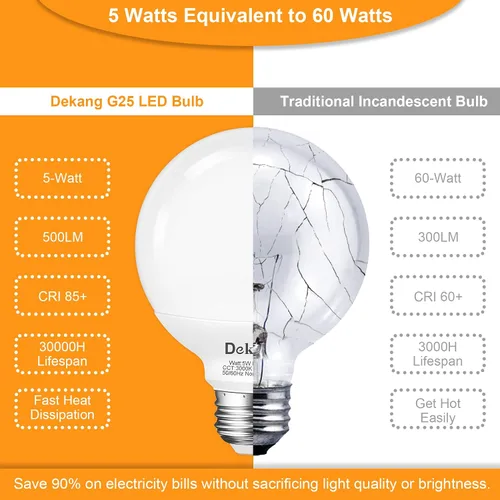 Miniatura 4 de Paquete de 8 Bombillas de Luz para Baño con Base E26 de 3000K Blanco Suave, Bombillas LED Globo G25 Equivalente a Incandescente de 60 Vatios