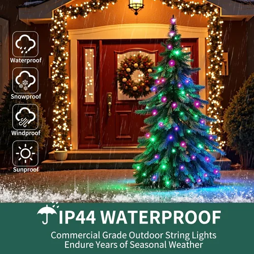 Miniatura 6 de Luces de cadena navideñas mini de 100 unidades en morado y verde, con certificación UL, equipadas con 8 modos de iluminación, perfectas para patios