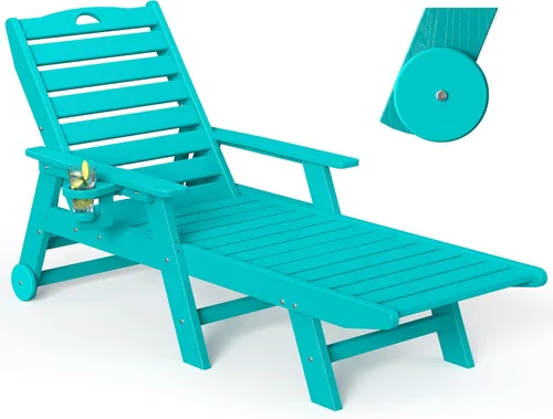 nalone Tumbona HDPE para exteriores con ruedas y portavasos, sillas de piscina con respaldo ajustable de 5 posiciones, soporta hasta 400 libras para
