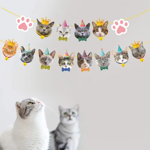 Miniatura 5 de TSJ Cartel de cumpleaños de gato, pancarta de fiesta de cara de gato, decoración de banderines de fiesta temática de gatito para recuerdos de fiesta