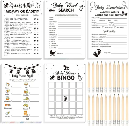 Miniatura 22 de Yinder 145 tarjetas de actividades para juegos de baby shower con 20 lápices, incluye descripción de bingo para bebés y deseos, adivina quién es