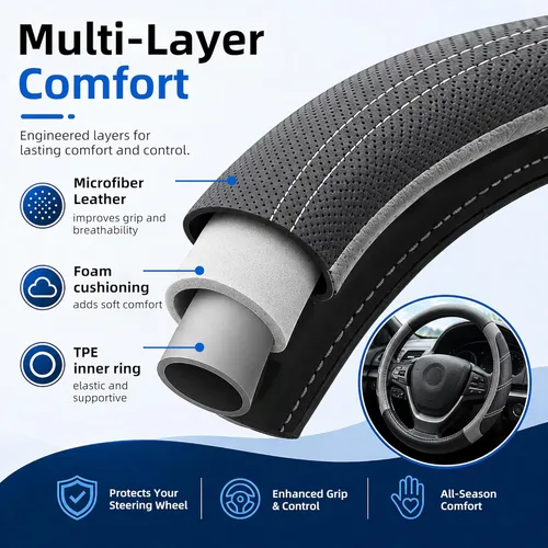 Miniatura 6 de Elantrip Funda de volante de cuero deportivo 14 1/2 pulgadas a 15 pulgadas universal, acolchada, de agarre suave y transpirable para coche, camión