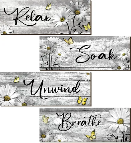 Miniatura 13 de Sunnyray 4 carteles de decoración de pared de baño de granja, margaritas y mariposas, arte de pared para baño, relajarse y relajarse, respirar, Azul
