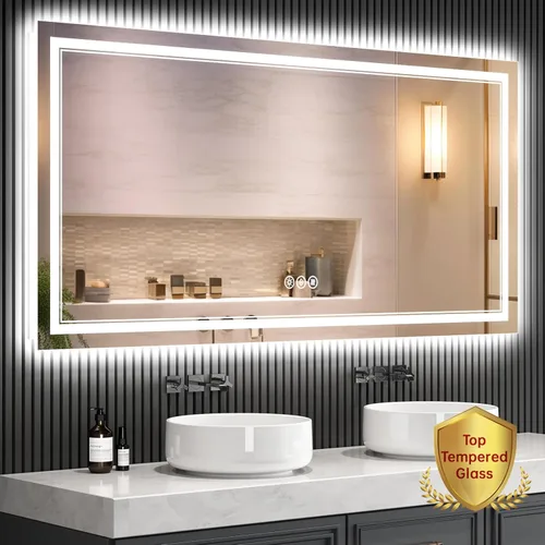 Miniatura 21 de Espejo de baño LED sin marco de 24 x 32 pulgadas, frontal y retroiluminado, vidrio templado inastillable, antivaho, 3 colores, regulable, memoria