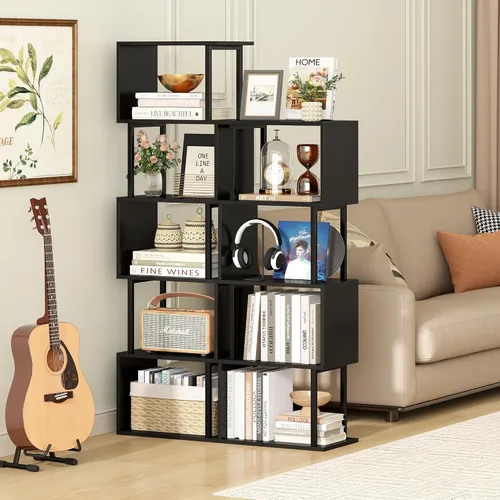 Miniatura 2 de Yusong Estantería de 5 niveles, estantería geométrica en forma de S para dormitorio, estante decorativo de madera moderna para oficina en casa, Negro