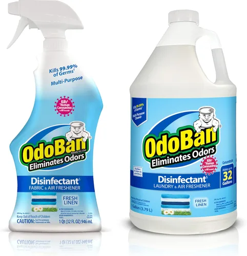 OdoBan Desinfectante y eliminador de olores listo para usar, fabricado en los Estados Unidos, aroma de lino fresco, juego de 2, spray de 32 onzas y