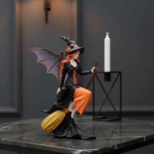 Miniatura 4 de Comfy Hour Figura gótica de bruja de hadas de 8 pulgadas en escoba, estatua de hechicera de fantasía con alas místicas, acento espeluznante