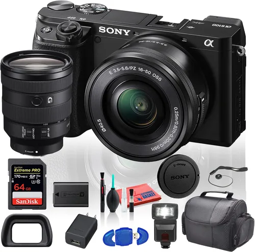 Sony Alpha a6100 Cámara digital sin espejo (ILCE6100L/B) con lentes de 0.630-1.969 in con lente Sony FE 0.945-4.134 in f/4 G OSS, Flash, funda