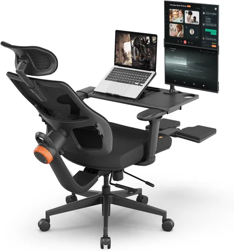 Newtral Silla de oficina ergonómica con bandeja para laptop, silla de escritorio con reposabrazos 4D, soporte lumbar dinámico, reposapiés y