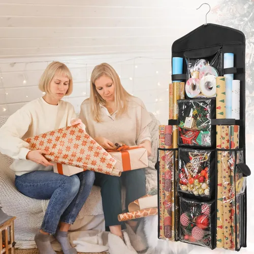 Miniatura 6 de EXLIFBAG Organizador de almacenamiento de papel de regalo, organizador de envoltorios de regalo con soporte de doble cara para colgar Negro