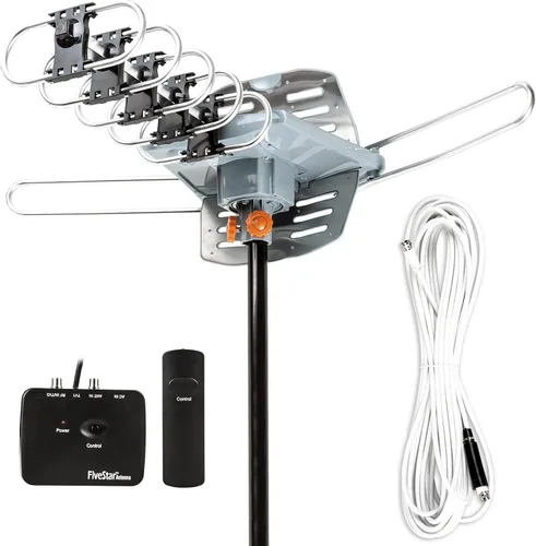 Five Star Antena HDTV amplificada OTA de rotación de 360 grados motorizada para exteriores de 150 millas para 2 televisores - Canales UHF/VHF/1080P