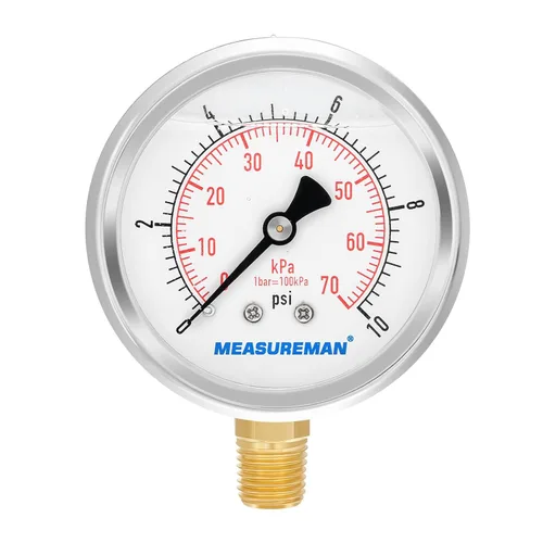 Miniatura 36 de MEASUREMAN - Manómetro de presión 1/4 NPT, manómetro de presión lleno de glicerina 0-100psi/kPa con esfera de 2.5 pulgadas y caja de acero