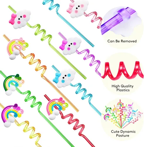 Miniatura 4 de Suministros para fiesta de cumpleaños de arco iris, pajitas de plástico para beber, 24 para niños y niñas, decoraciones de fiesta de nube arcoíris
