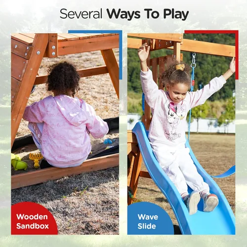 Miniatura 4 de Conjuntos de columpios de madera Dolphin Playground para el patio trasero con tobogán de 1.83 m, juego al aire libre para niños con fosa de arena
