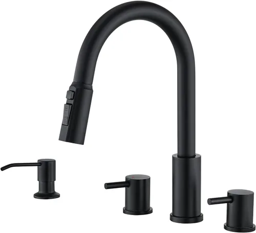 Miniatura 8 de Tohlar Grifo de cocina de 4 agujeros, grifo de cocina dorado cepillado con dispensador de jabón y rociador extraíble, 3 modos, grifo de fregadero