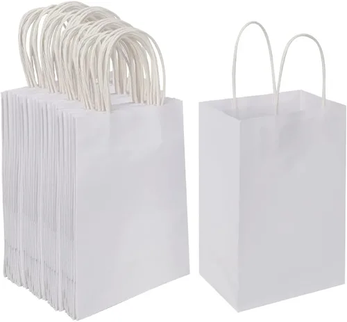 Miniatura 13 de Oikss Paquete de 100 bolsas pequeñas de papel kraft amarillas de 5.25 x 3.25 x 8.25 pulgadas con asas a granel para cumpleaños, bodas, fiestas
