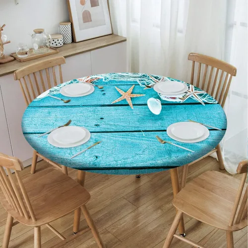 Miniatura 3 de Mantel redondo ajustable con patrón marítimo, borde elástico, adecuado para catering y cocina, se puede limpiar con el mantel de mesa redonda