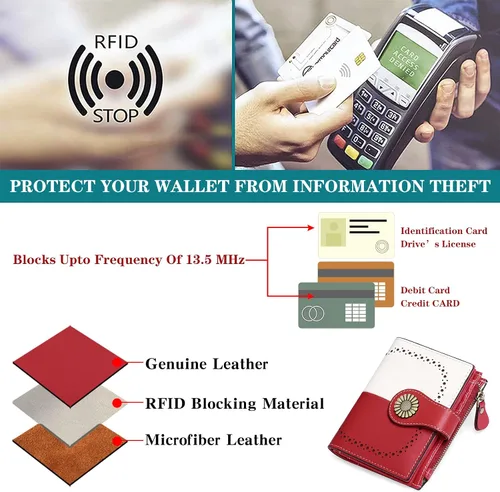 Miniatura 4 de SENDEFN Carteras pequeñas para mujer, con bloqueo RFID, de cuero, plegable, tarjetero con ventana de identificación, 5-rojo y blanco, Cartera