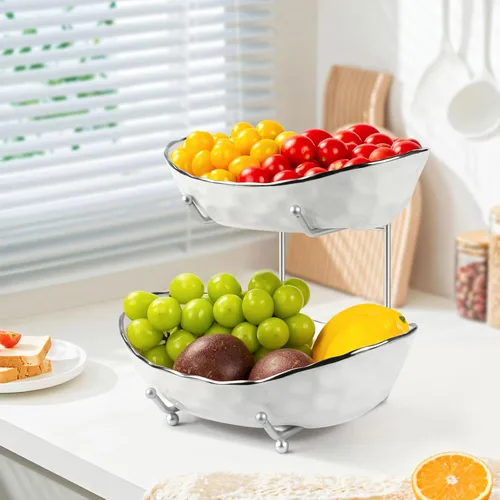 Miniatura 9 de Frutero para encimera de cocina, cesta de frutas de cerámica de dos niveles, soporte para frutas y verduras frescas, bandejas modernas para servir