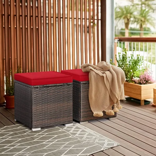 Miniatura 2 de RELAX4LIFE Otomana de mimbre para almacenamiento al aire libre, reposapiés de ratán de 2 piezas con cojín extraíble, reposapiés multiusos, mesa Rojo
