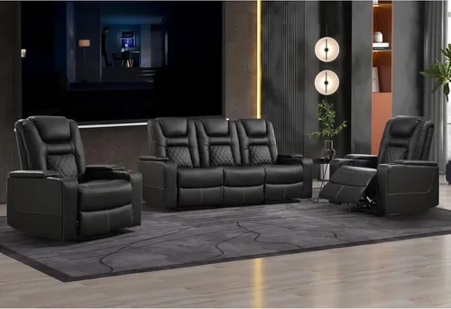 Miniatura 18 de EBELLO Asientos de cine en casa, silla reclinable de imitación de cuero para películas con almacenamiento oculto en los brazos, sofá reclinable