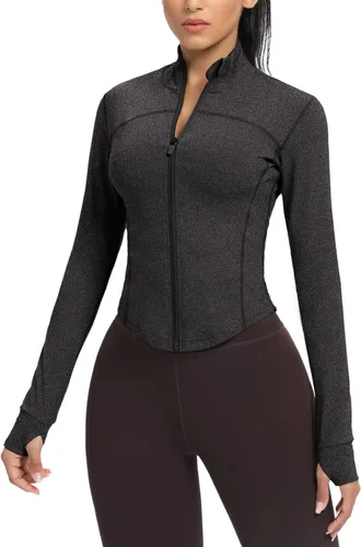 Miniatura 97 de AVGO Chaquetas de entrenamiento recortadas para mujer, con cremallera, ajustadas, atléticas, con agujeros para el pulgar